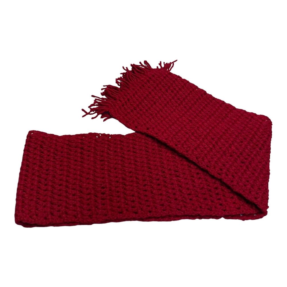 Women's Red Fringed Detail Boho Cozy Handmade Woven Crochet Rectangle Scarf - Picture 1 of 6